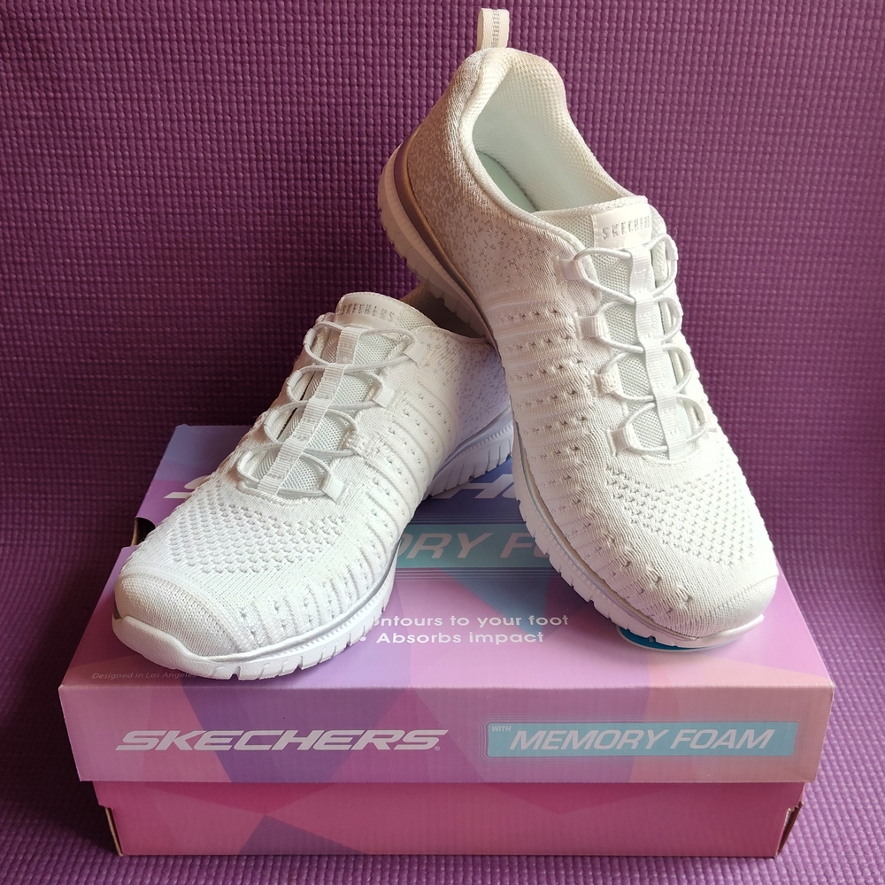 Skechers Women's White Virtue Knit Slip In Memory Foam Sneakers 9.5
